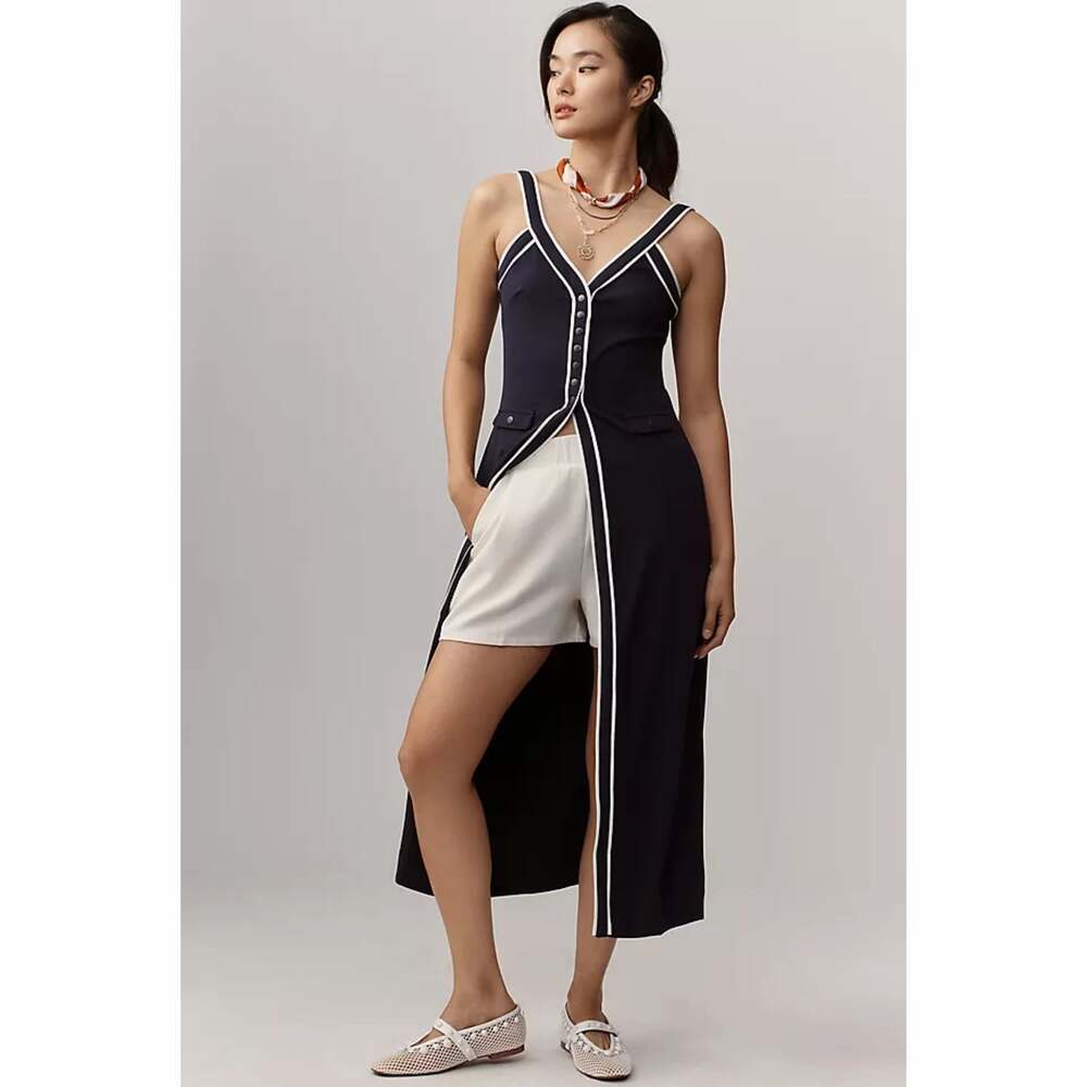 Anthropologie Maeve Contrasting Trim Button-Front V-Neck Long Line Shirt